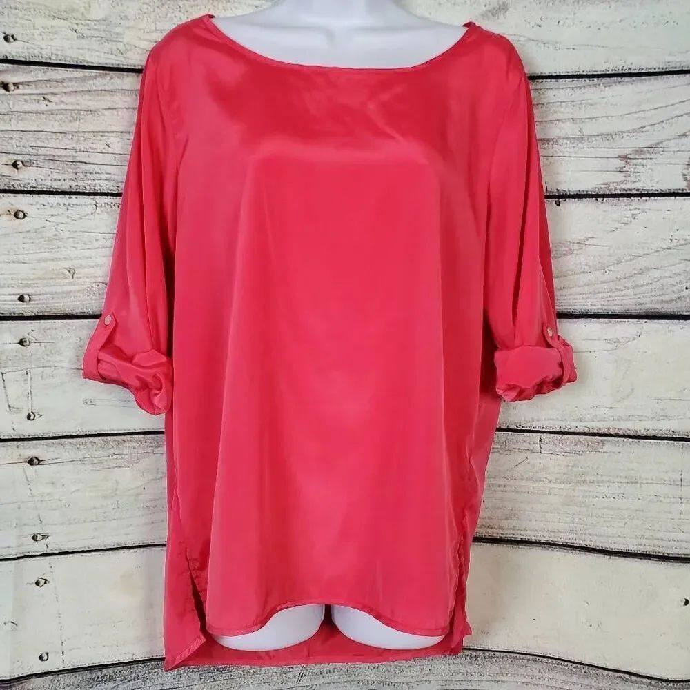Fun & Flirt Hot Pink Satin Blouse Women’s Large Roll-Tab Sleeve